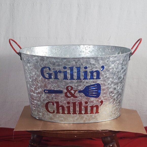 True Living Red White Blue Aluminum Grillin & Chillin Oval Outdoor Ice Bucket - Picture 1 of 16
